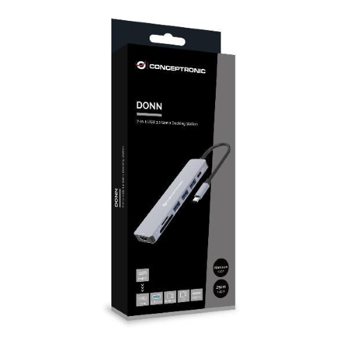 Conceptronic DONN19G, Cablato, USB 3.2 Gen 1 (3.1 Gen 1) Type-C, 100 W, Grigio, MicroSD (TransFlash), SD, 5 Gbit/s